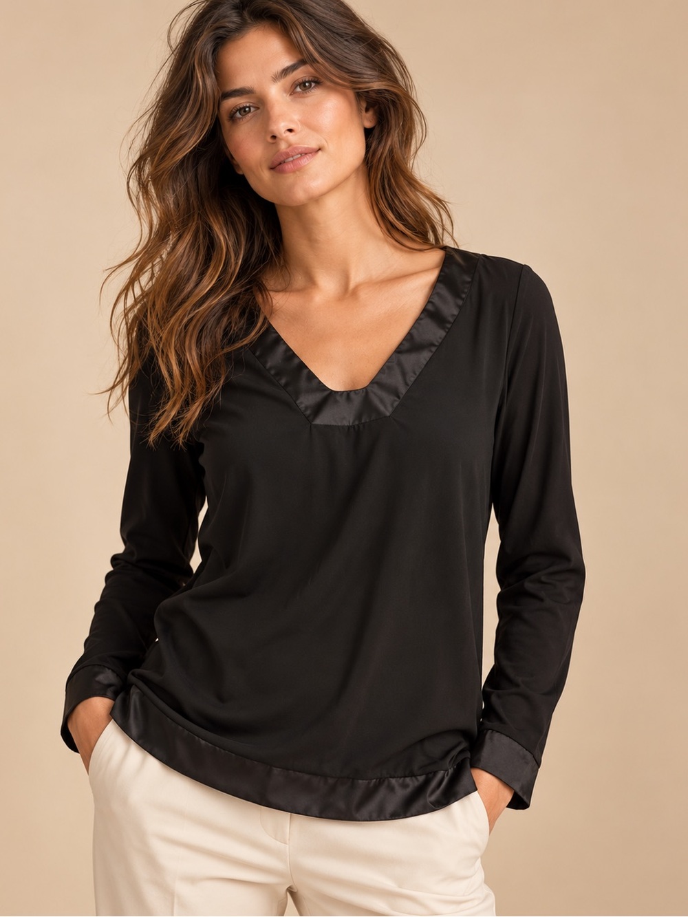 White House Black Market Black Satin Trim Tunic Blouse Size M
